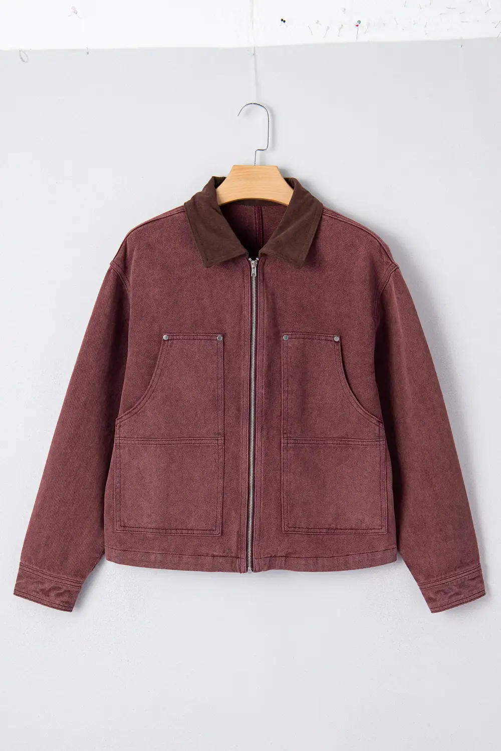 Corduroy Collar Zip Front Denim Jacket