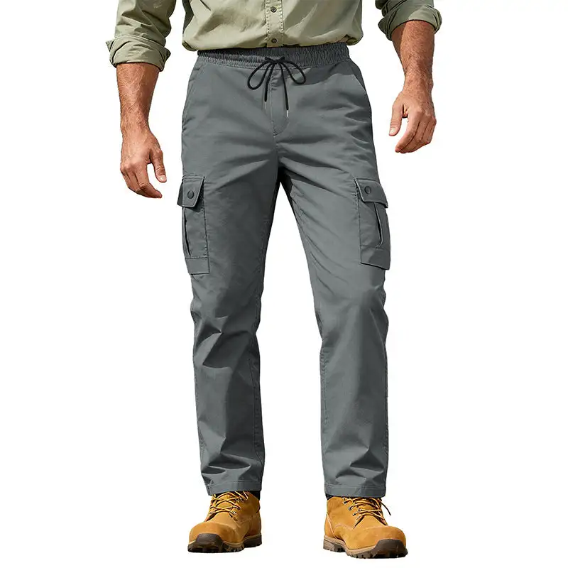 Men's Robust Leisure Cargo Pants with Elastic Waistband Drawstring and Multiple Pockets