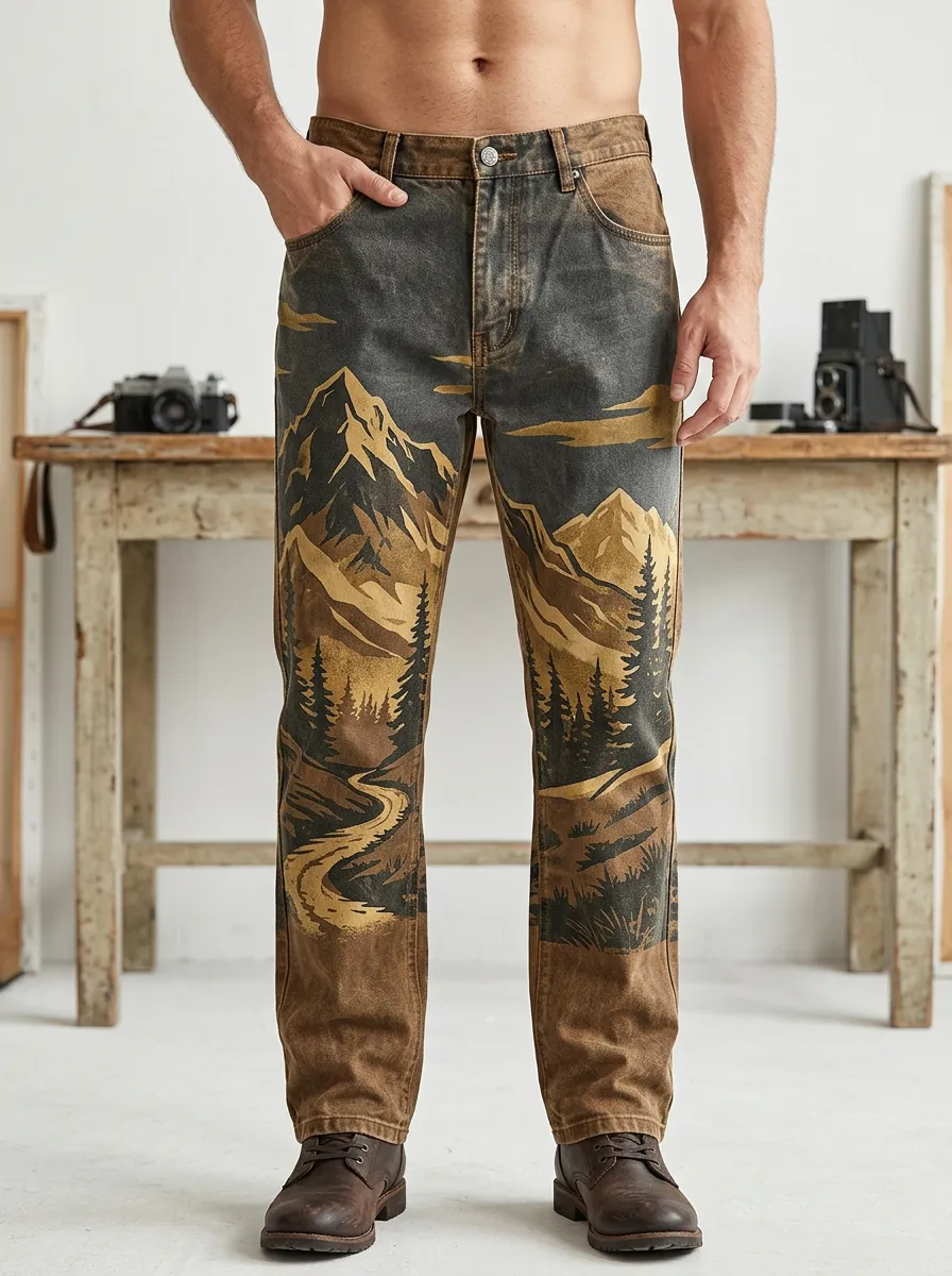 Men's Outdoor Adventure Mountain Forest Landscape Printed Pants