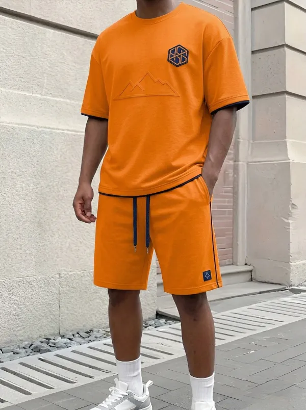Classic Mountain Graphic Geometric Pattern Essential Men's T-Shirt And Shorts Set