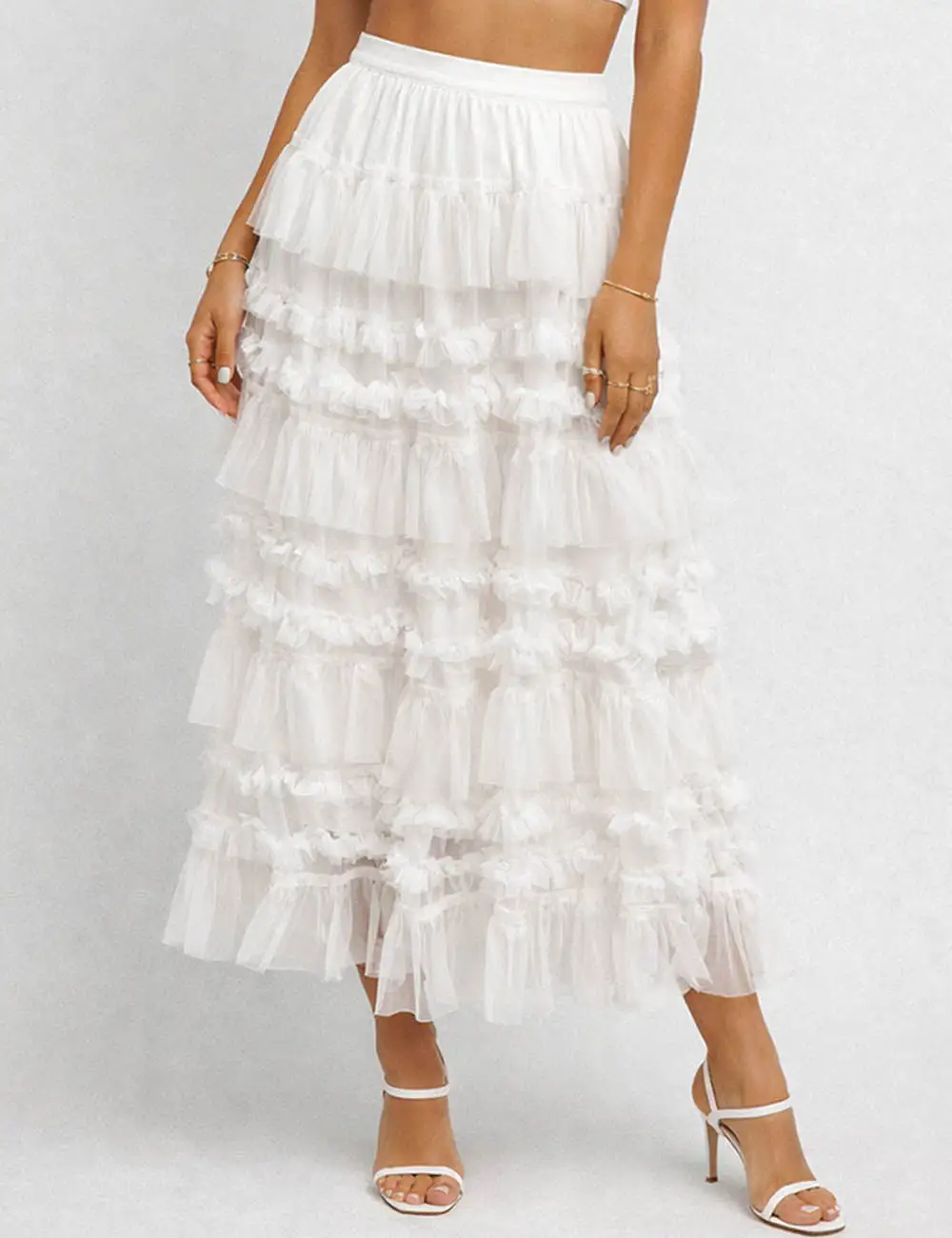 Elastic Waist Mesh Bead Tiered Ruffle Maxi Skirt