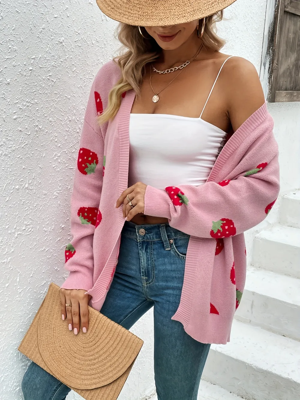 Elegant Long Sleeve Strawberry Pattern Open Front
