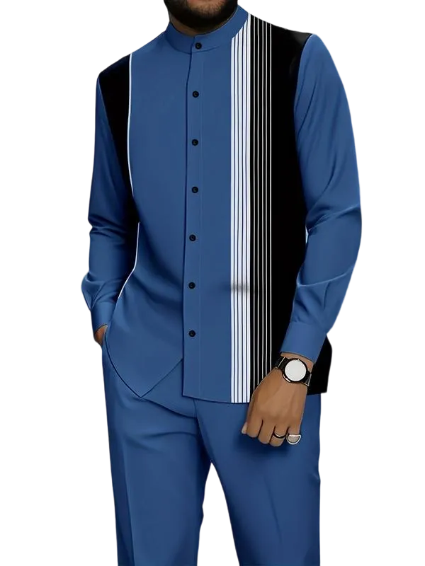 Men's black and white striped button-down shirt with drawstring waist casual pants
