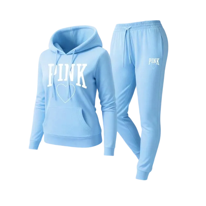 Women's Pink Heart Print Hair And Sunglasses Hoodie And Drawstring Track Pants Set