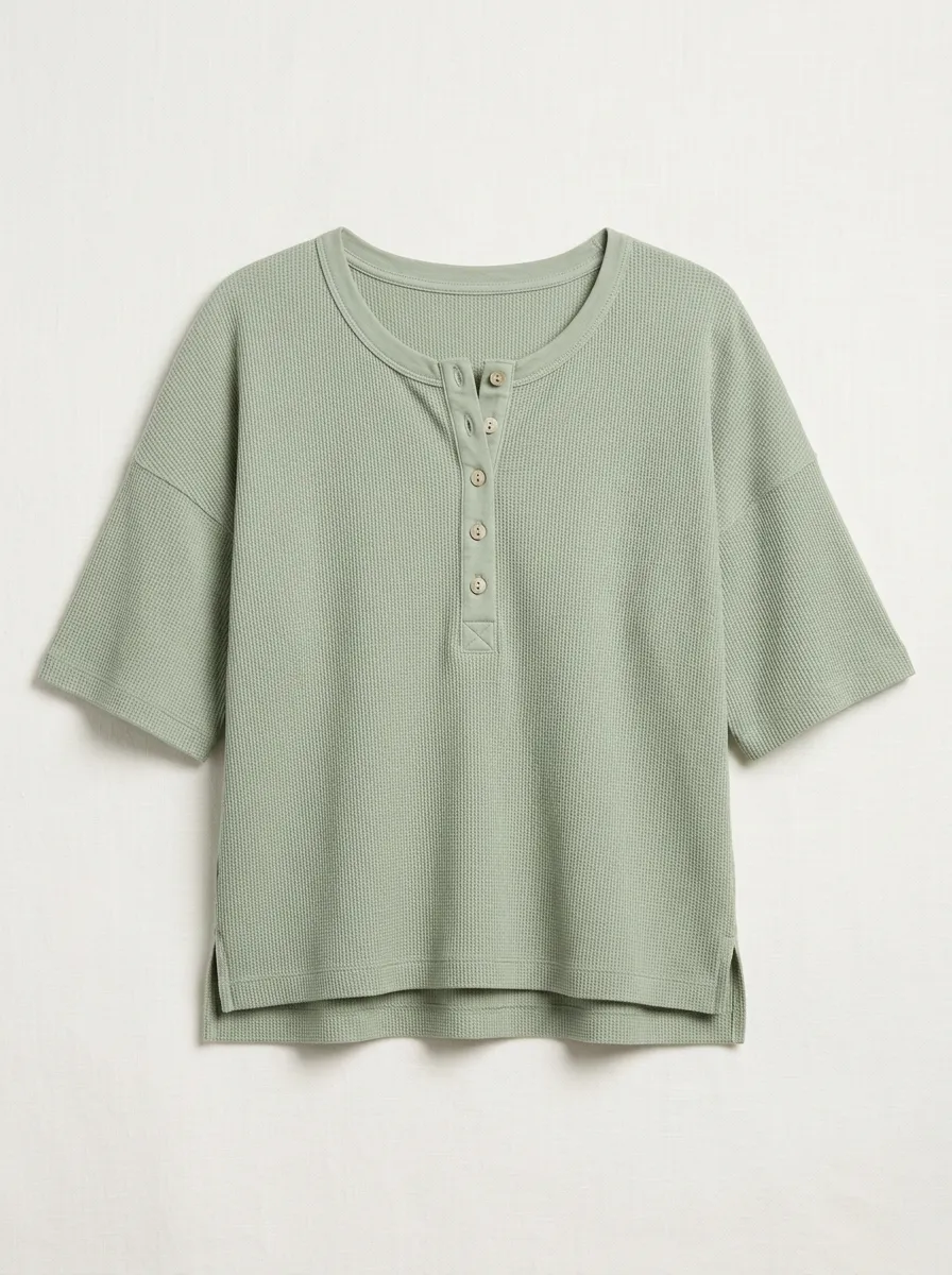 Women's Sage Green Waffle Knit Henley Top with Drop Shoulder