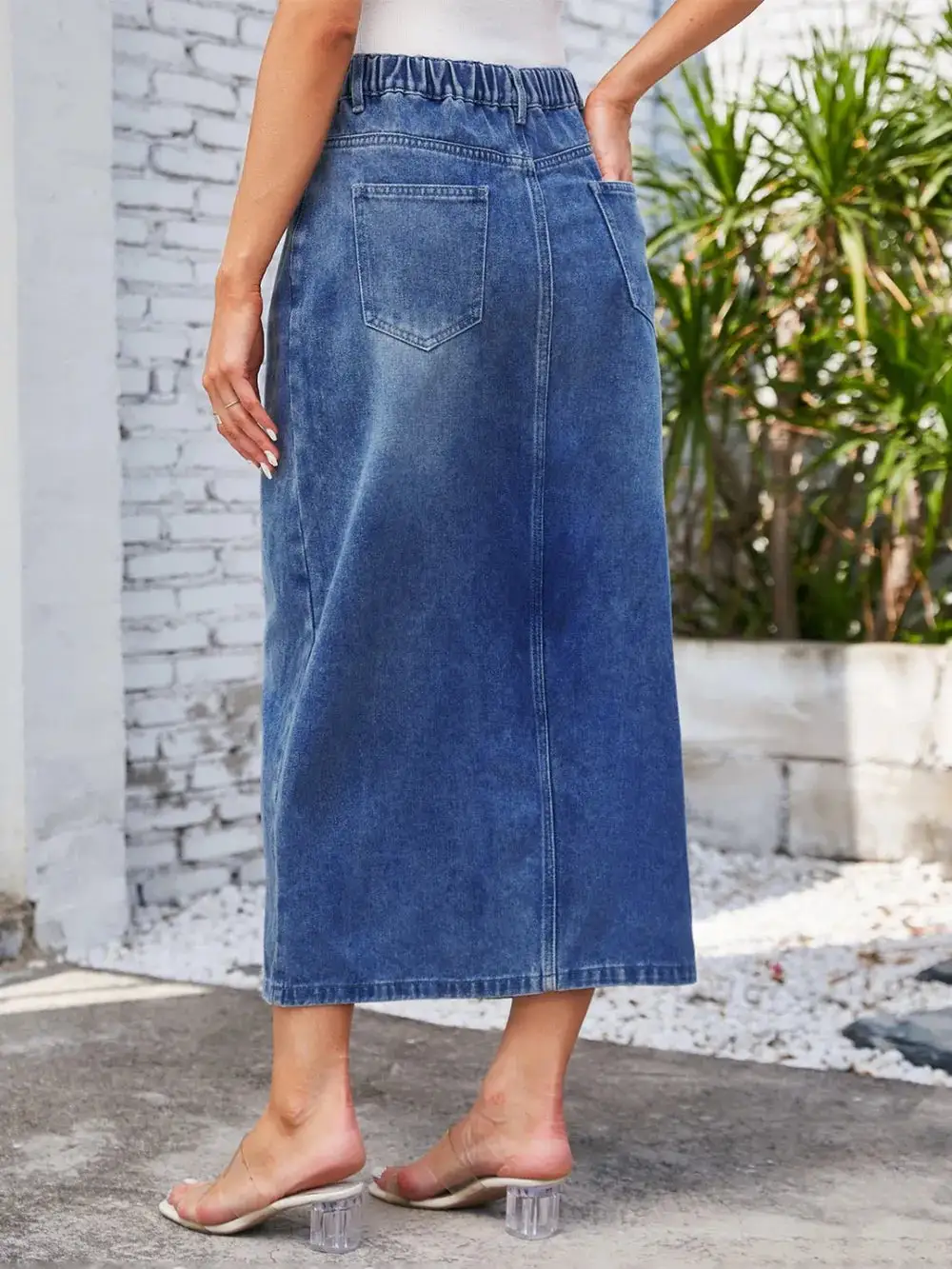 Slit Midi Denim Skirt With Pockets