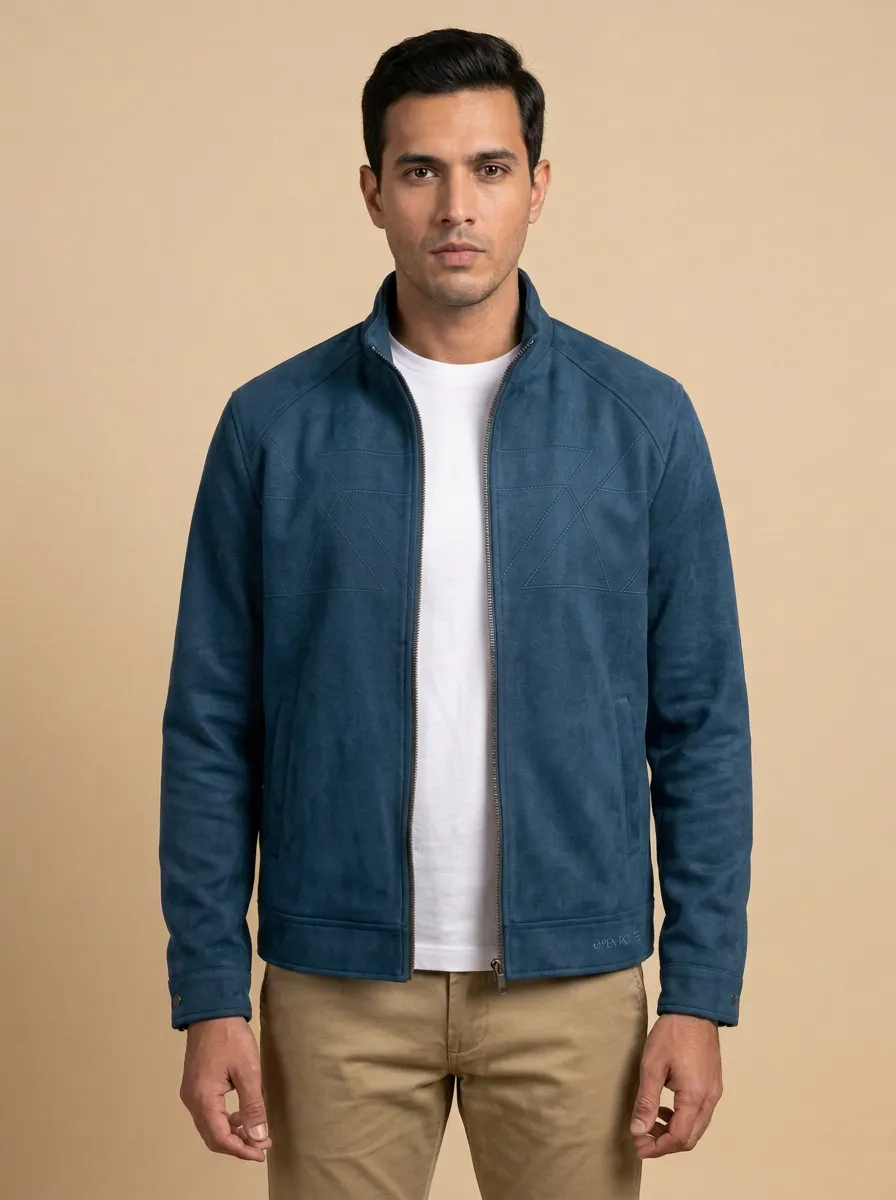 Suede Geometric Stitched Zip Jacket