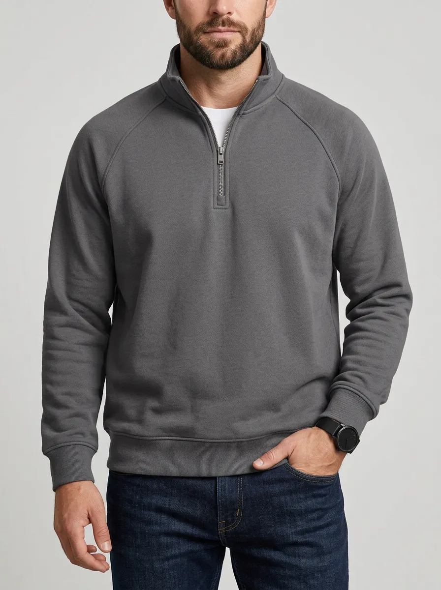 Men's Classic Minimalist Textured Raglan Stand-Collar Quarter-Zip Sweatshirt