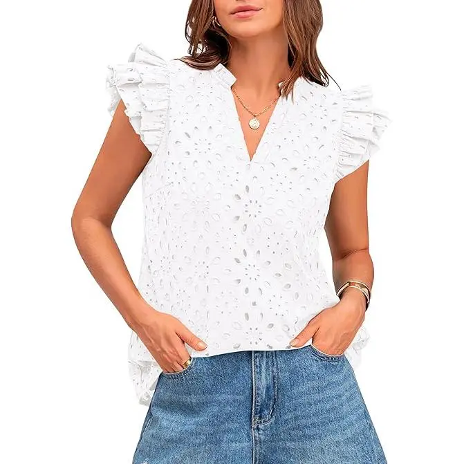Women Summer Eyelet Tops Dressy Casual V-Neck Ruffle Cap Sleeve Cotton Boho Shirts