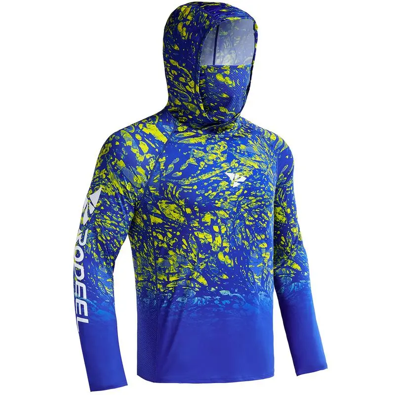 Men UPF 50+ UV Sun Hoodie Shirts with Mask Neck Gaiter  Protection Raglan Long Sleeve Lightweight Quick Dry Moisture Wicking Breathable Cooling Athletic Activewear