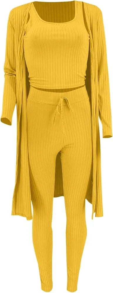 Women's Plain Long Sleeve Open Front Cardigan & Tie Front Leggings & Sleeveless Cropped Top Set, Casual Elegant Chic Fashion Cozy Breathable Women's Outfits for Fall, Ladies Fall Co-ord Sets, Clothes