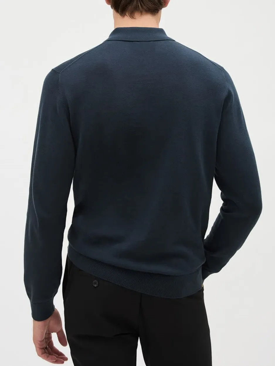Inky Blue Cotton Long-Sleeve Polo Sweater