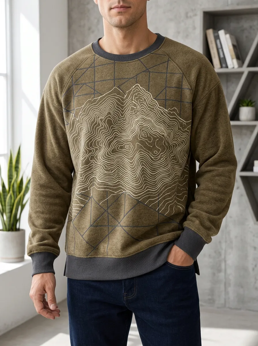 Men's Mountain Topographic Map Geometric Printed Fleece Sweatshirt