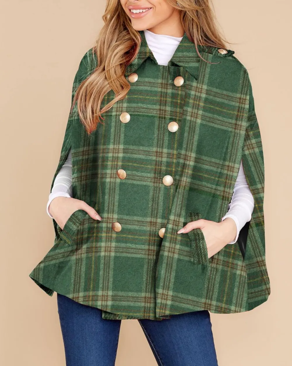 Green Plaid Cloak Coat For Women