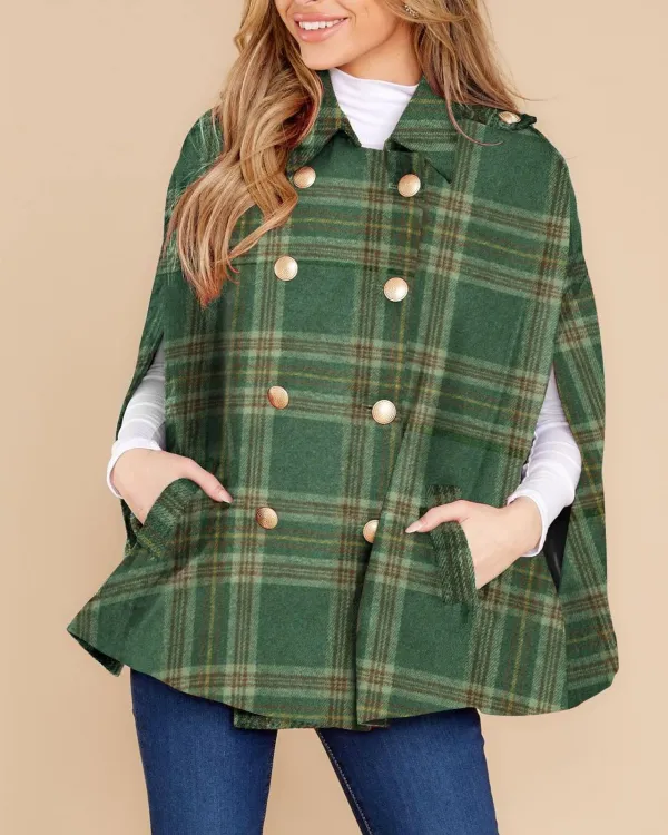 Green Plaid Cloak Coat For Women