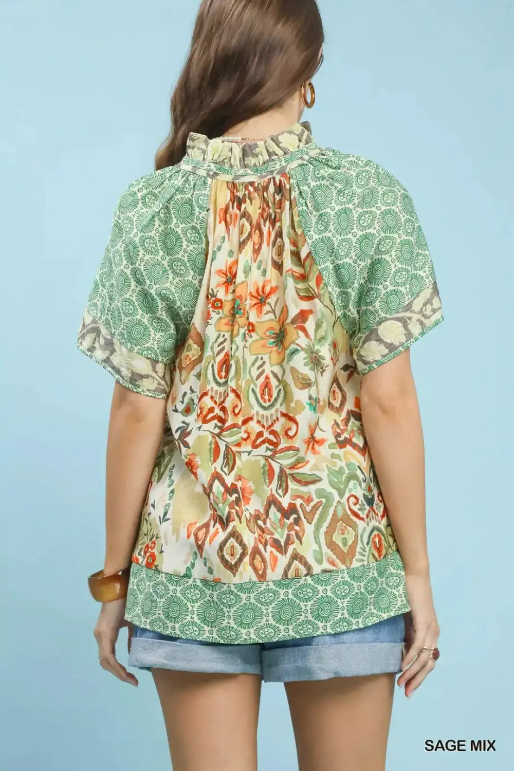 Mixed Print V-Neck Short Sleeve Top