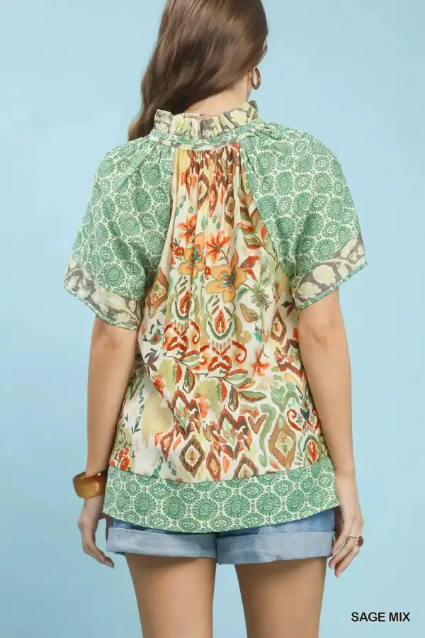 Mixed Print V-Neck Short Sleeve Top