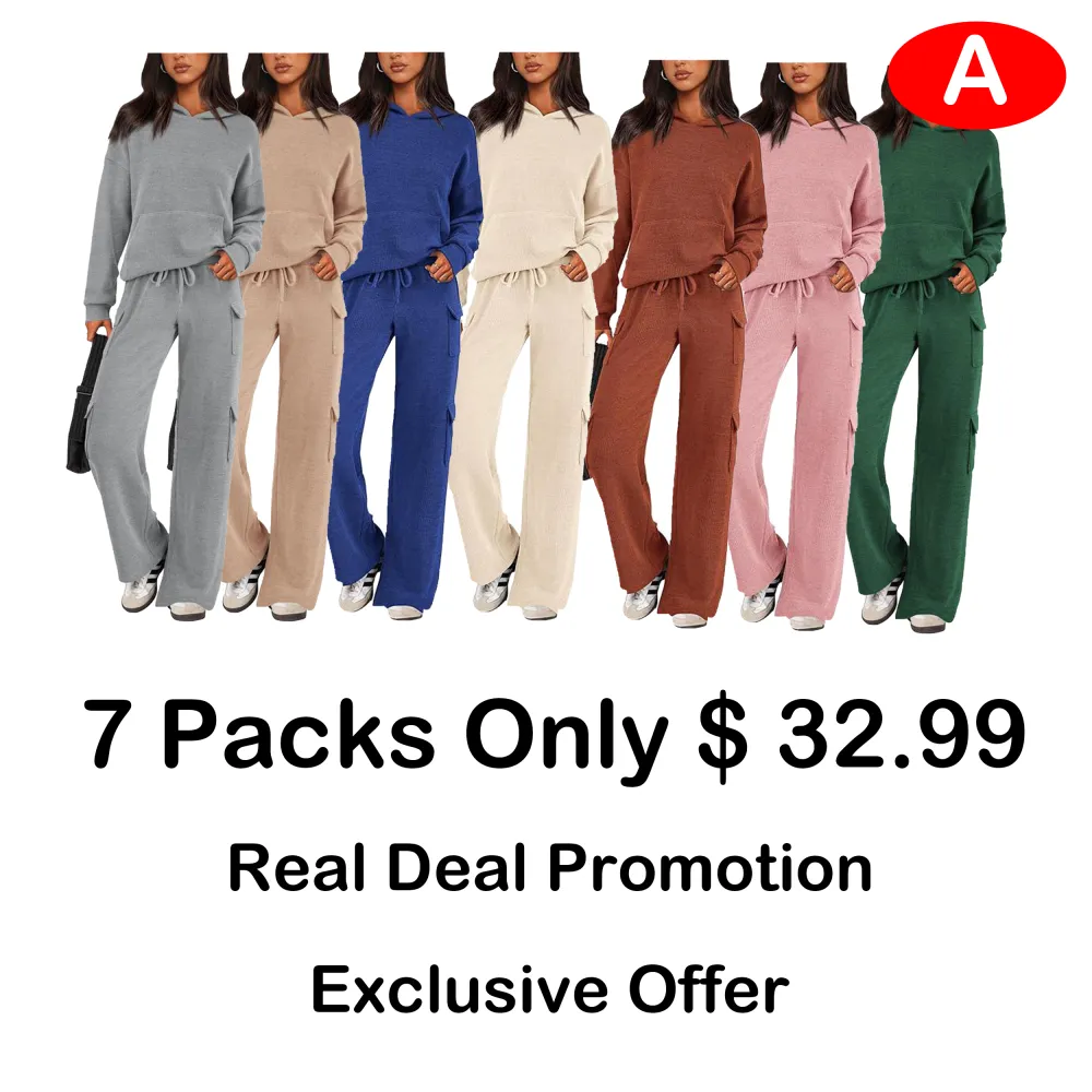 Women's 2-Piece Knitted Sets Hoodie & Wide Leg Pants with Pockets Drawstring