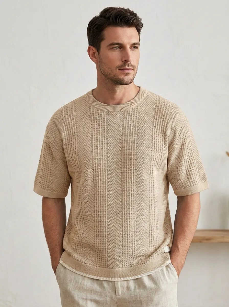Herringbone-Texture Men's Knit Crew-Neck T-Shirt