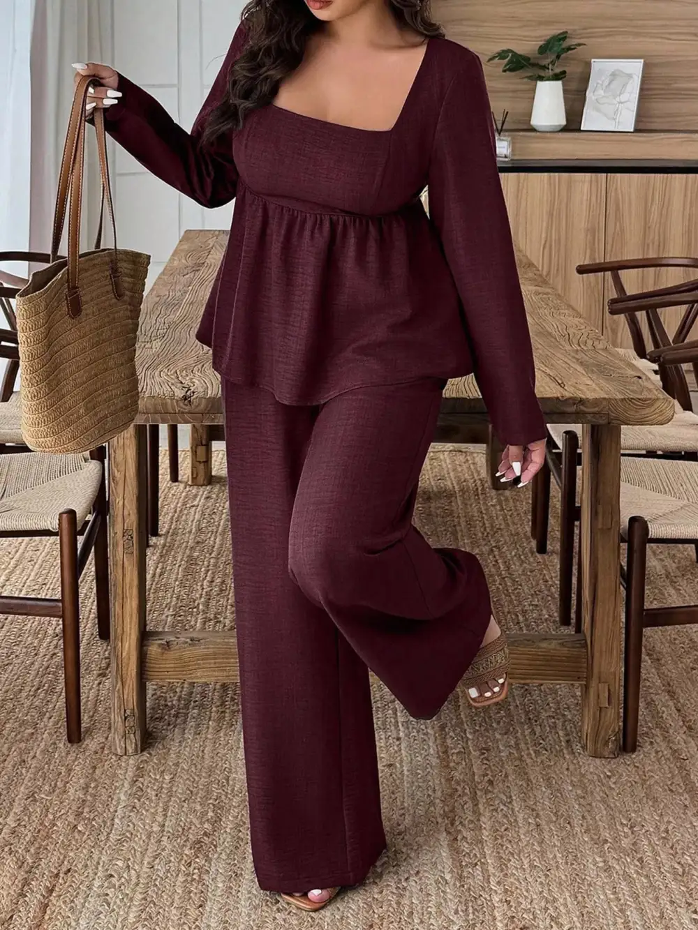 Plus Size Square Neck Long Sleeve Top and Pants Two Piece Set