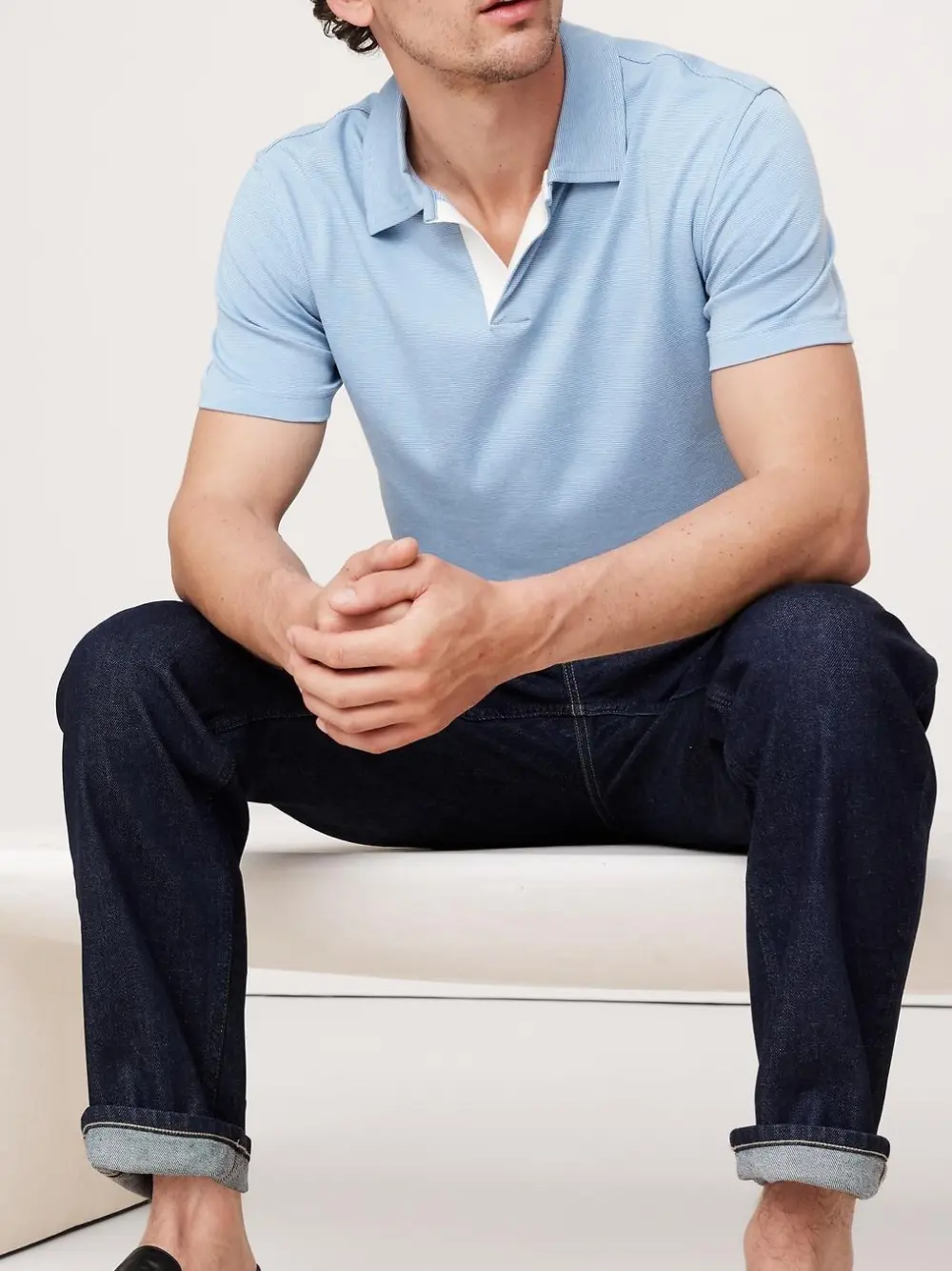 Men's Blue Micro Stripe Loose Straight Striped Polo Shirt