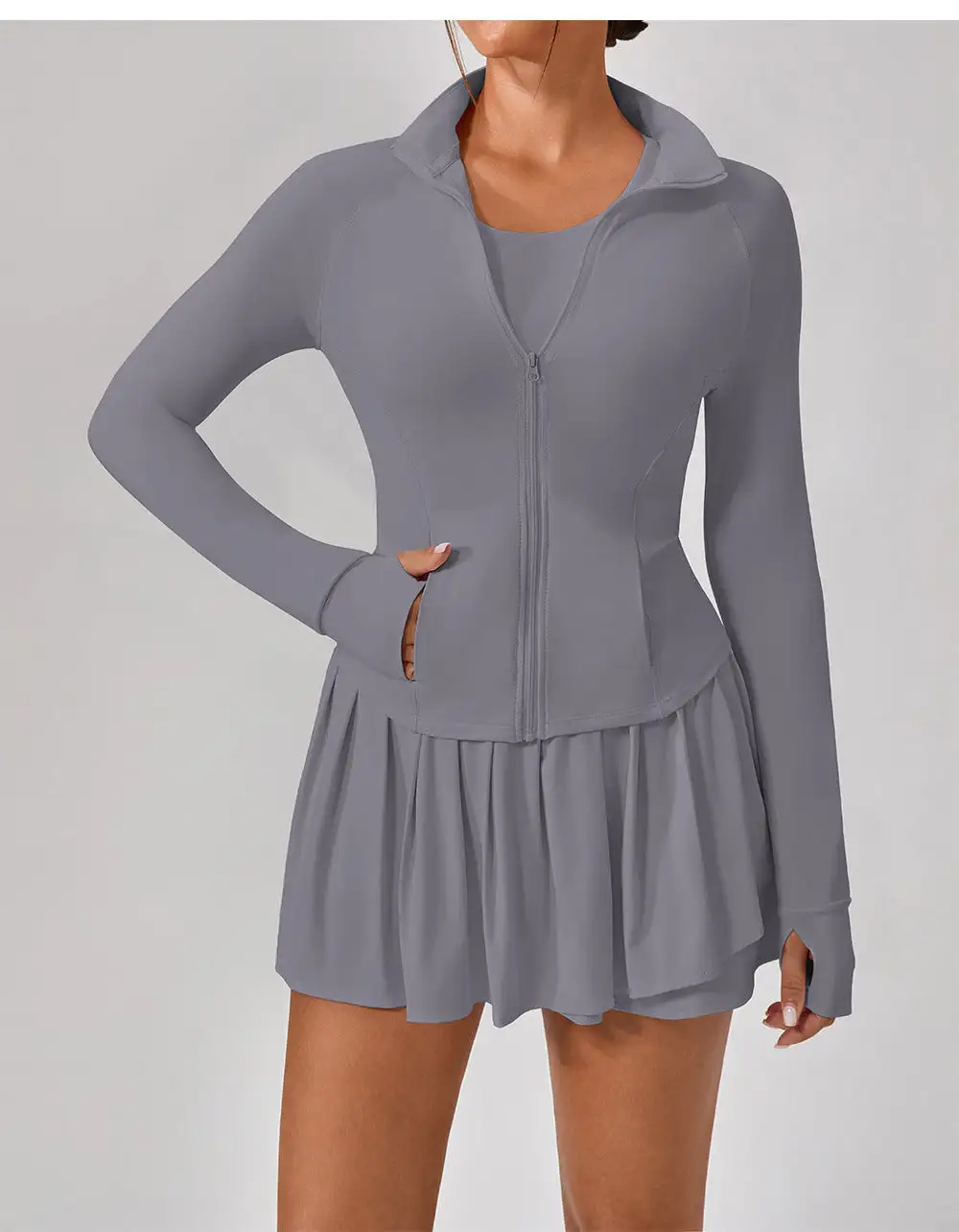 Backless Sleeveless Jacket, Bra and Skort Active Set