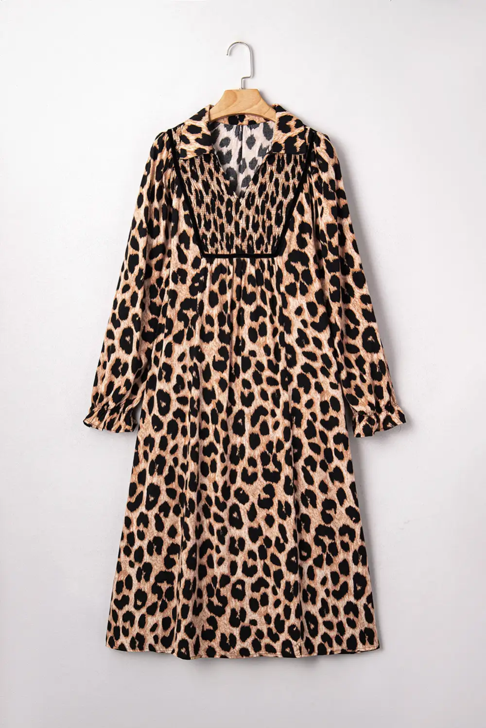 Leopard Print Smocked Flowy Midi Dress