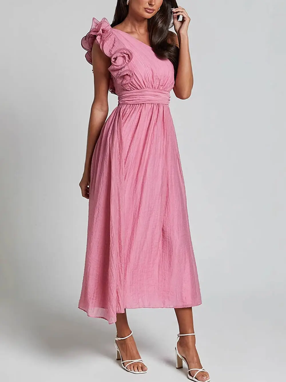 Romantic Seaside One Shoulder Frill Detail Midi Dress