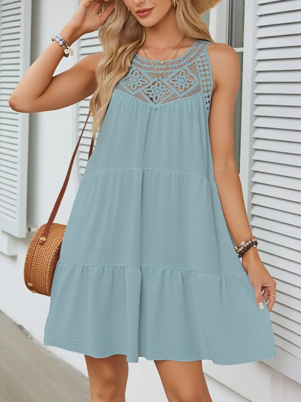 Boho Lace Sleeveless Tiered Above-Knee Length Dress