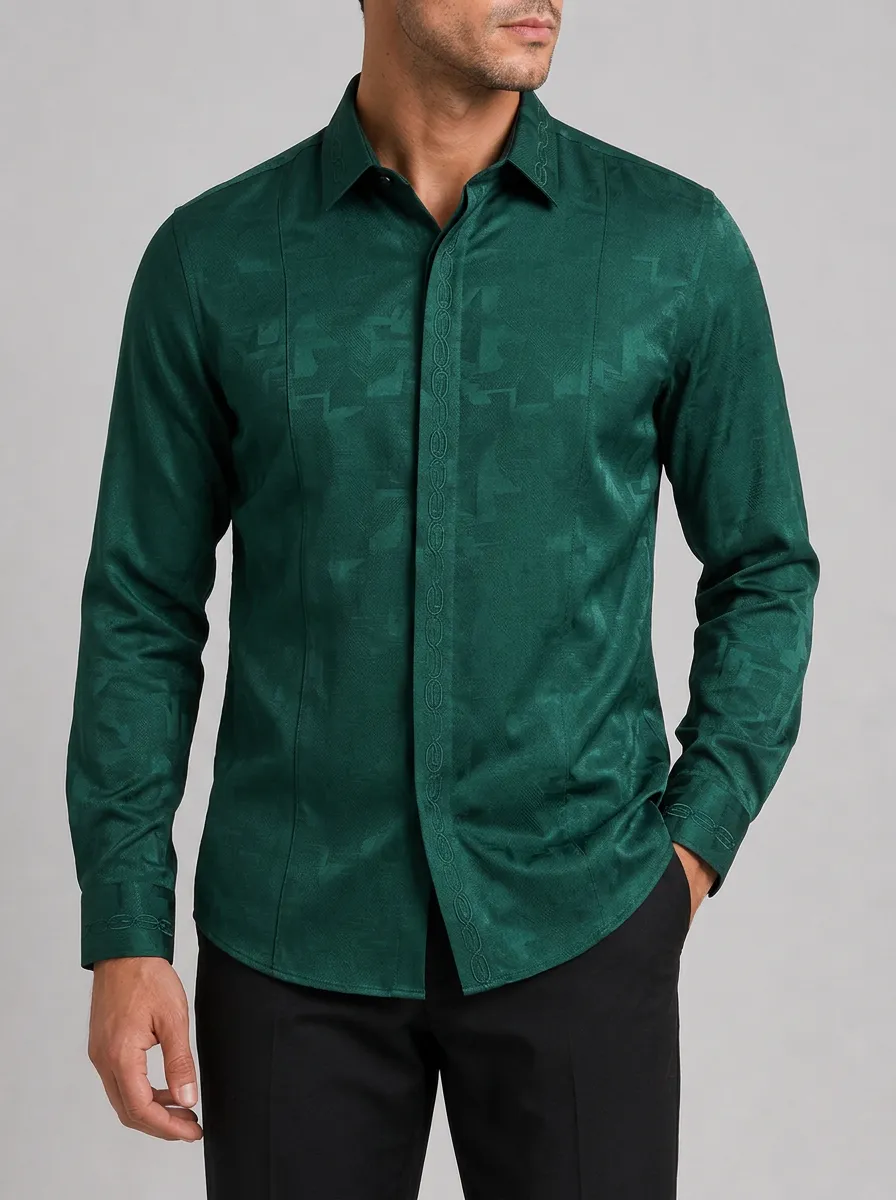 Men's Emerald Green Geometric Pattern Embroidered Long Sleeve Shirt