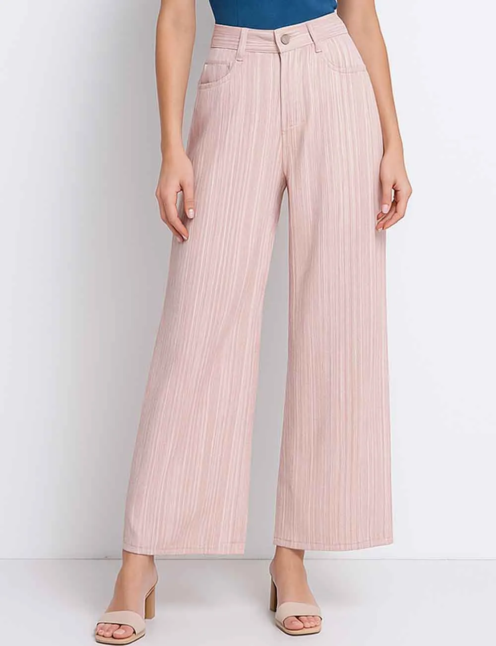 Color Block Striped Button Pocket Wide Leg Denim Pants