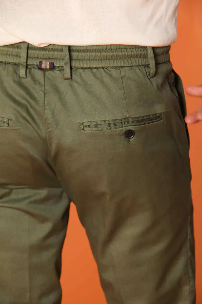 Men'S Green Cotton Twill Elastic Waist Slim Fit Trousers