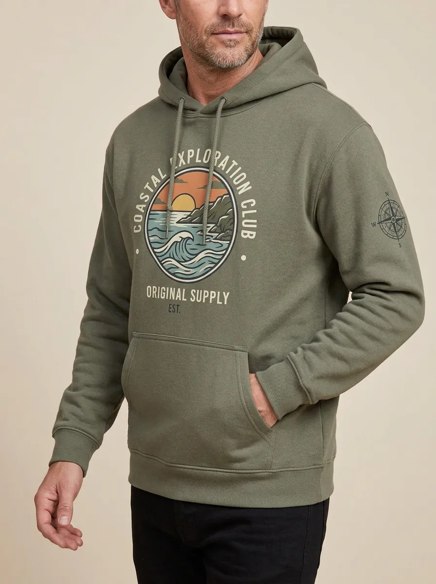Men's Coastal Explorer Ocean Wave Compass Graphic Hoodie