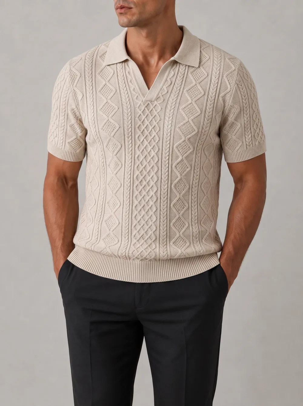 Men's Buttonless Cable Knit Open Collar Polo Shirt