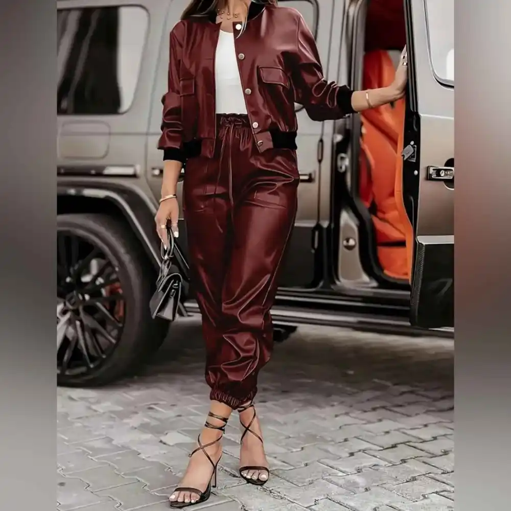 Casual Suit With Pocket Design Workwear Style Leather Jacket Set