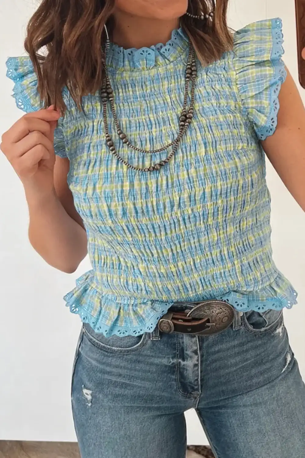 Round-Neck Eyelet-Lace Lace-Trim Eyelet Tank Top