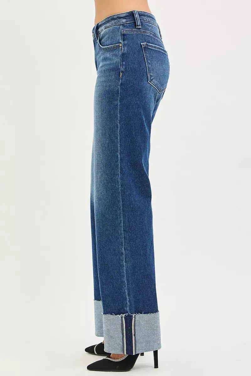 Mid-Rise Relaxed Raw-Hem Washed Wide Straight Jeans