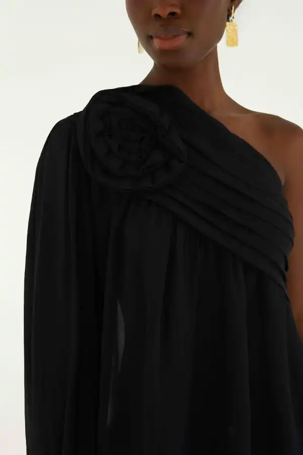 Tropical-Print One-Shoulder Long-Sleeve Blouse