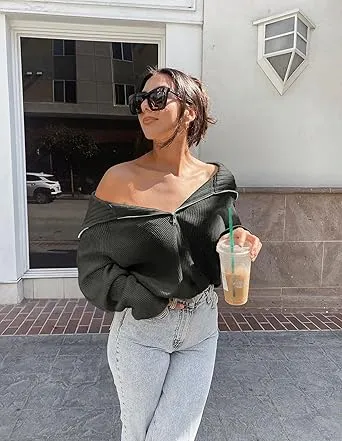 🔥Last day promotion⏰Women's 2525 Quarter Zip Pullover V Neck Collar Long Sleeve Ribbed Knit Loose Casual Sweater