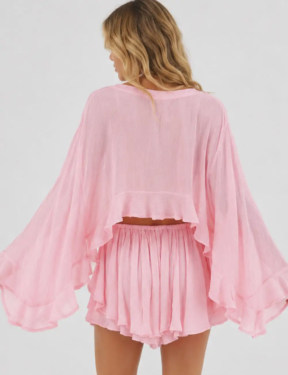 Chic Ruffle Sheer Chiffon Blouse and Skorts Set