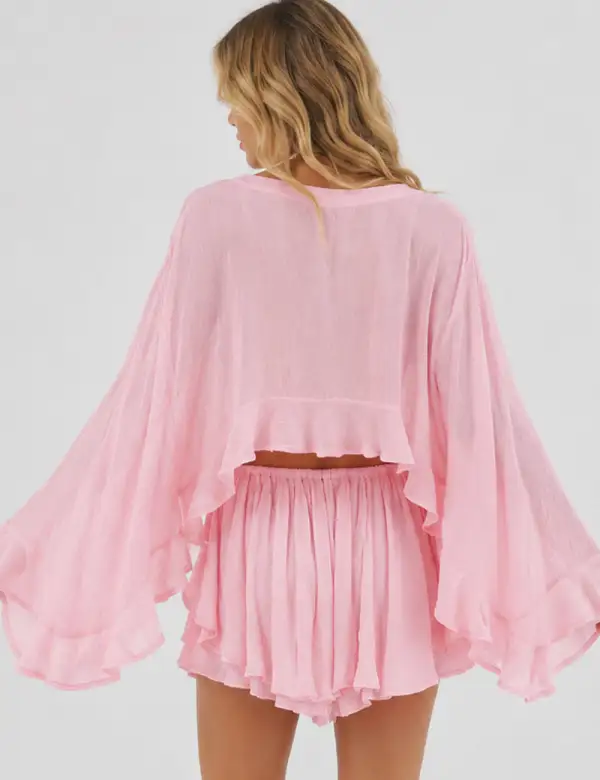Chic Ruffle Sheer Chiffon Blouse and Skorts Set