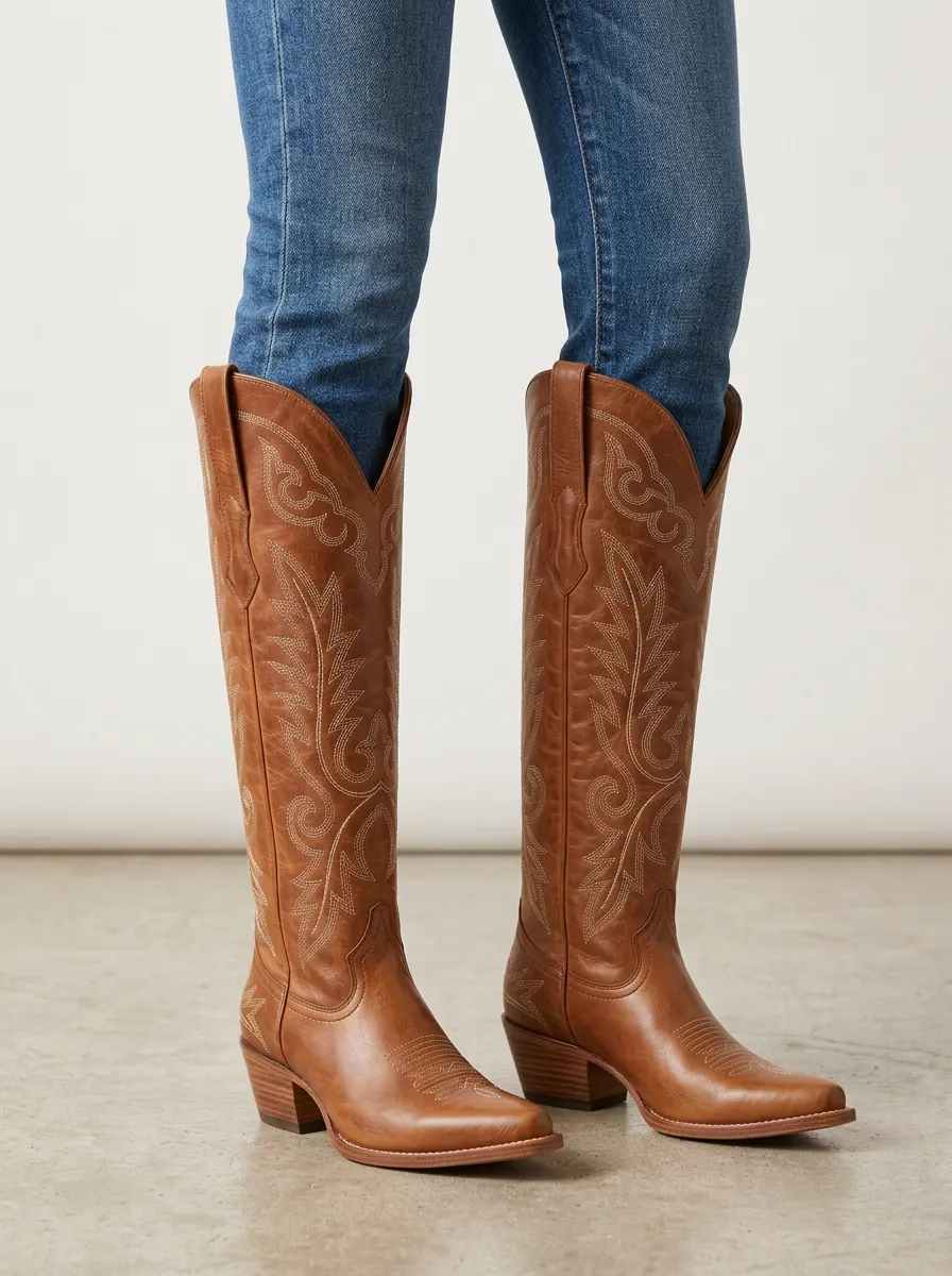 Women's Western Embroidered Pointed-Toe Block-Heel Stacked-Heel Denim Over-the-Knee Boots