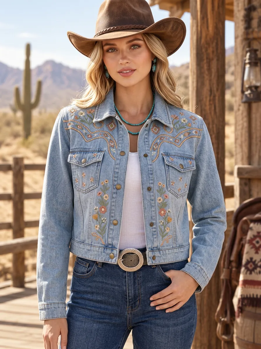 Women's Ranch Inspired Western Cowgirl Floral Embroidery Floral Embroidered Jacket