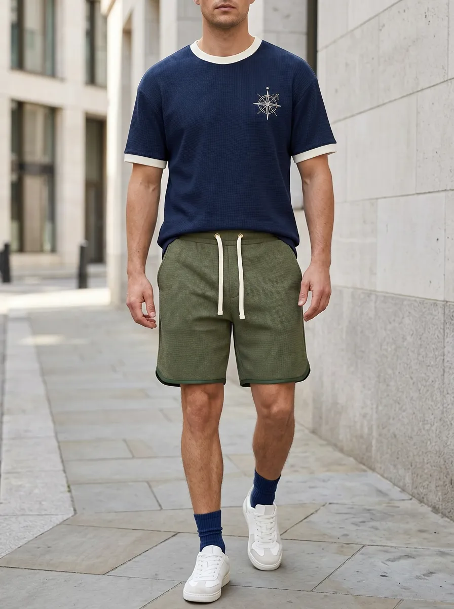 Casual Waffle Texture Edit Men's T-Shirt And Shorts Set