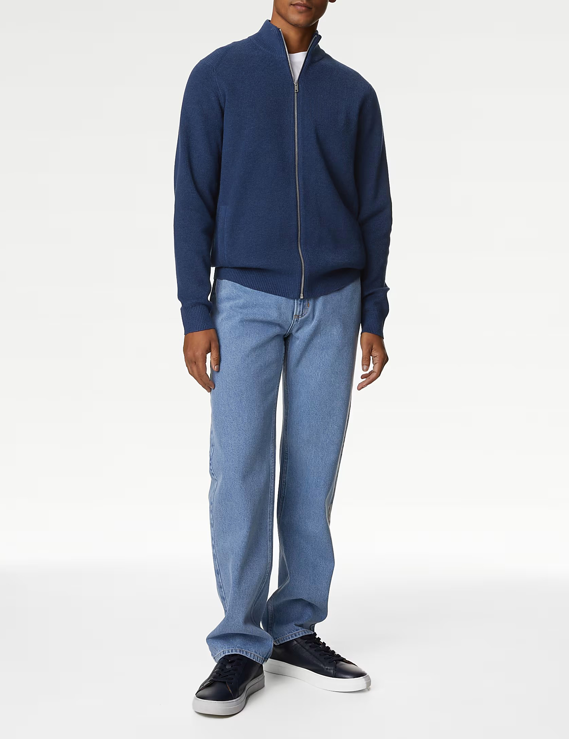 Men's Blue Cotton Blend Funnel Jumper