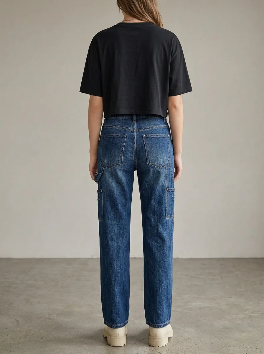Women's Casual Vintage Wash Utility Cargo Denim Jeans