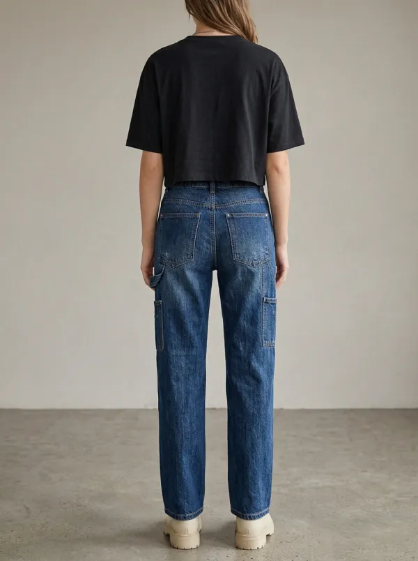 Women's Casual Vintage Wash Utility Cargo Denim Jeans