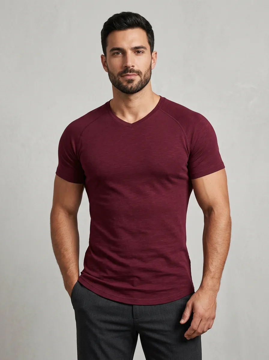 Contemporary Textured Raglan Sleeve Curved Hem Design Men's Slim Fit Short Sleeve T-Shirt
