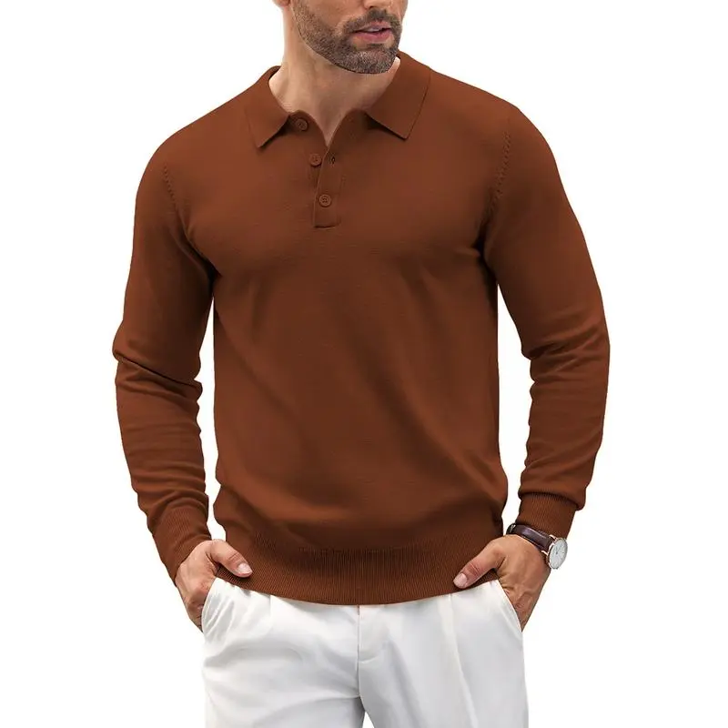 🧵 Men’s Soft Knit Long Sleeve Polo Shirt – Classic Style, Modern Comfort