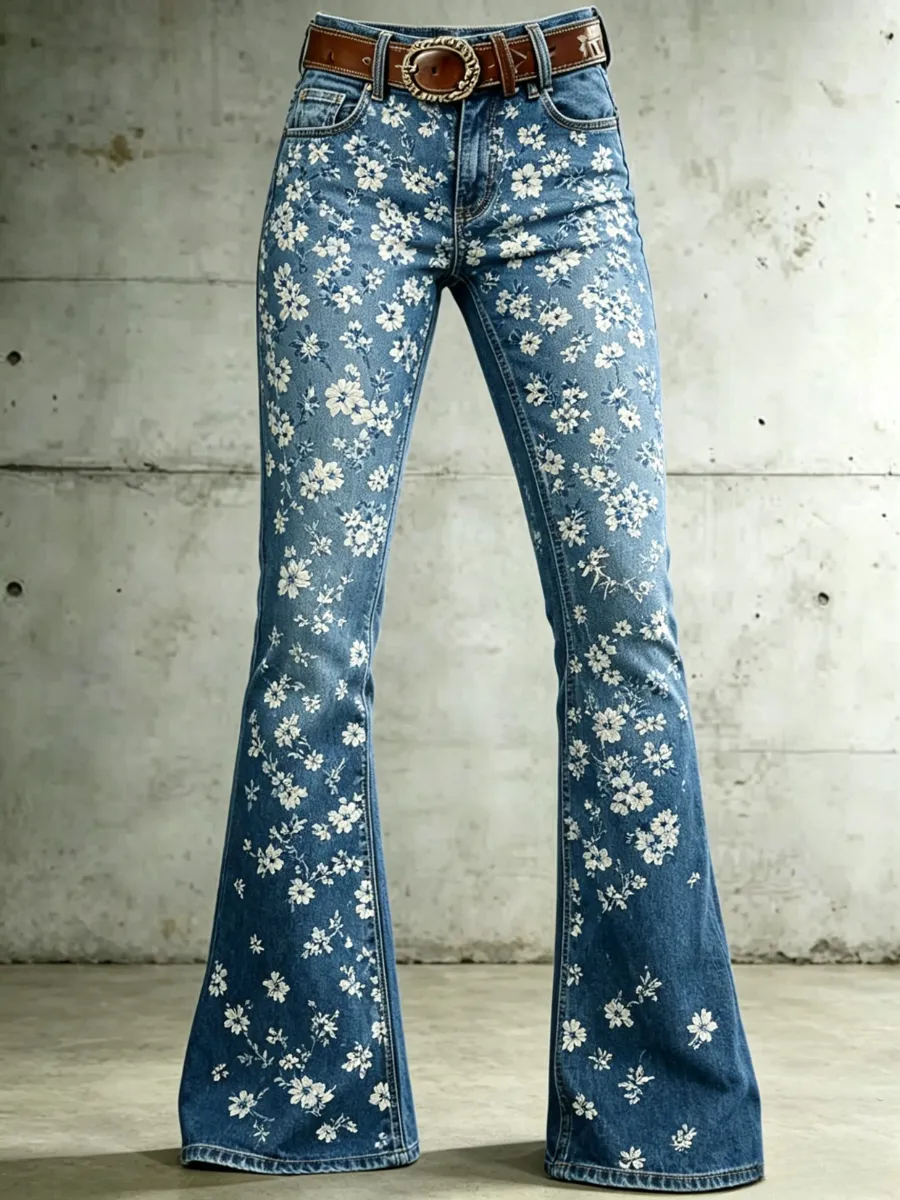Women'S Retro Flower Commemorative Casual Jeans